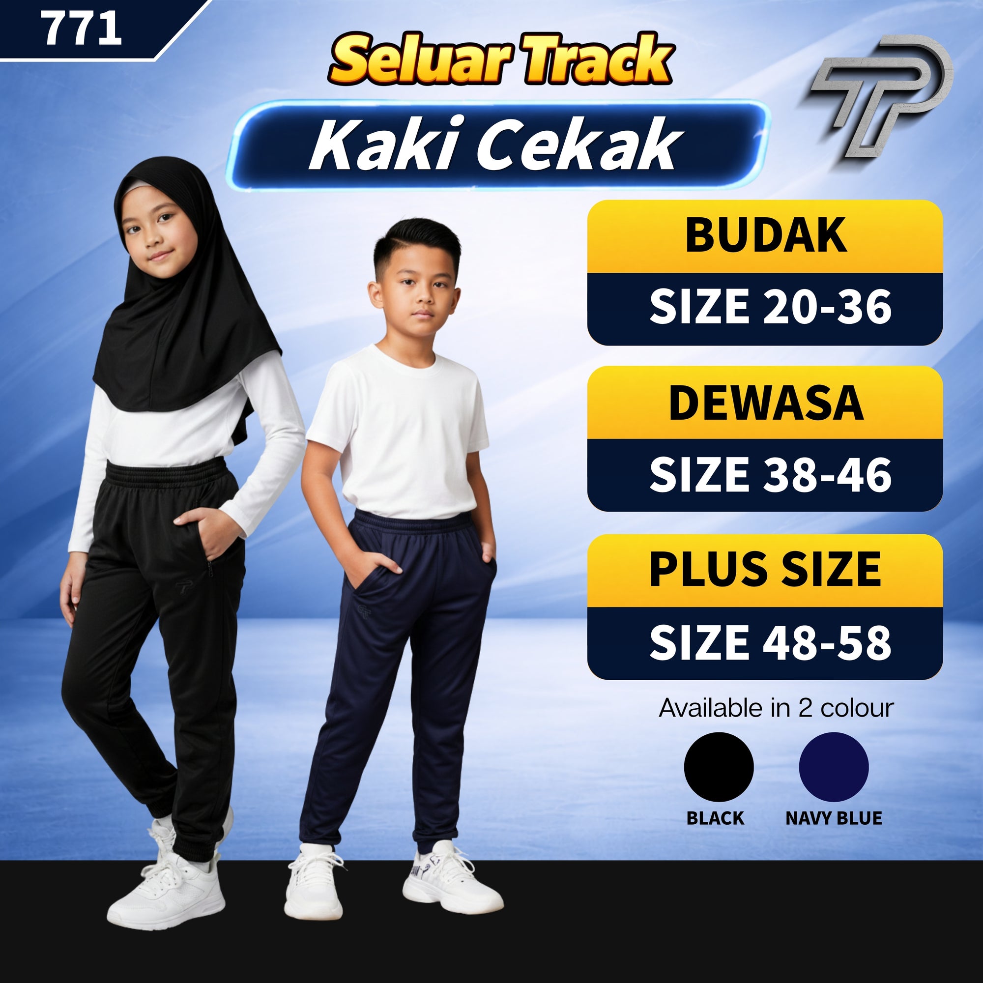 Seluar Track Tricot Kaki Cekak | TrackSuits Unisex Budak Dan Dewasa Hitam & Biru Gelap (771)