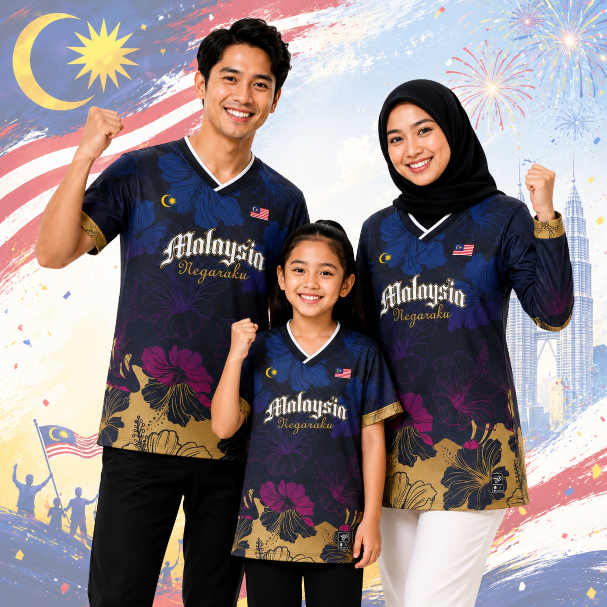 Baju Jersey Family 🇲🇾 Merdeka Malaysia Premium Unisex Microfiber | Jersi Merdeka Muslimah Lengan Panjang | Baju Tema Hari Kebangsaan Jalur Gemilang 024/032