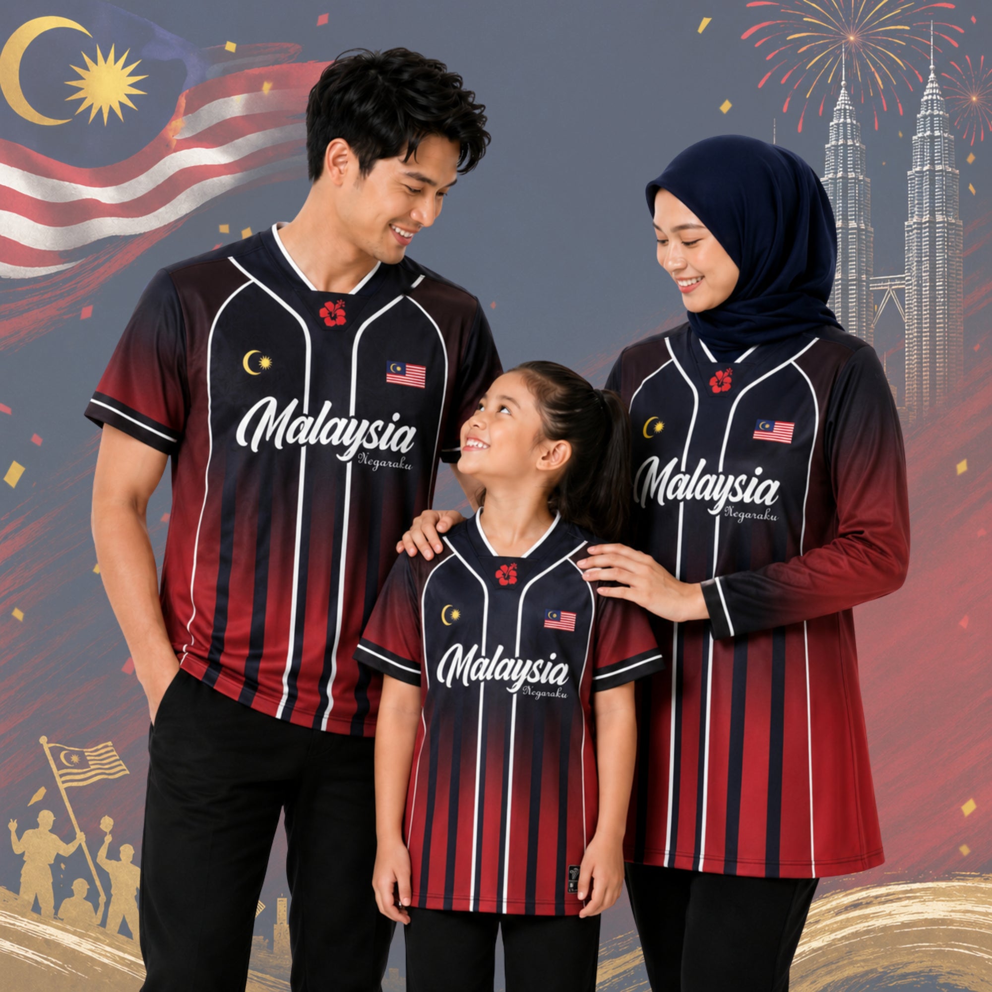 Baju Jersey Family 🇲🇾 Merdeka Malaysia Premium Unisex Microfiber | Jersi Merdeka Muslimah Lengan Panjang | Baju Tema Hari Kebangsaan Jalur Gemilang 020/028