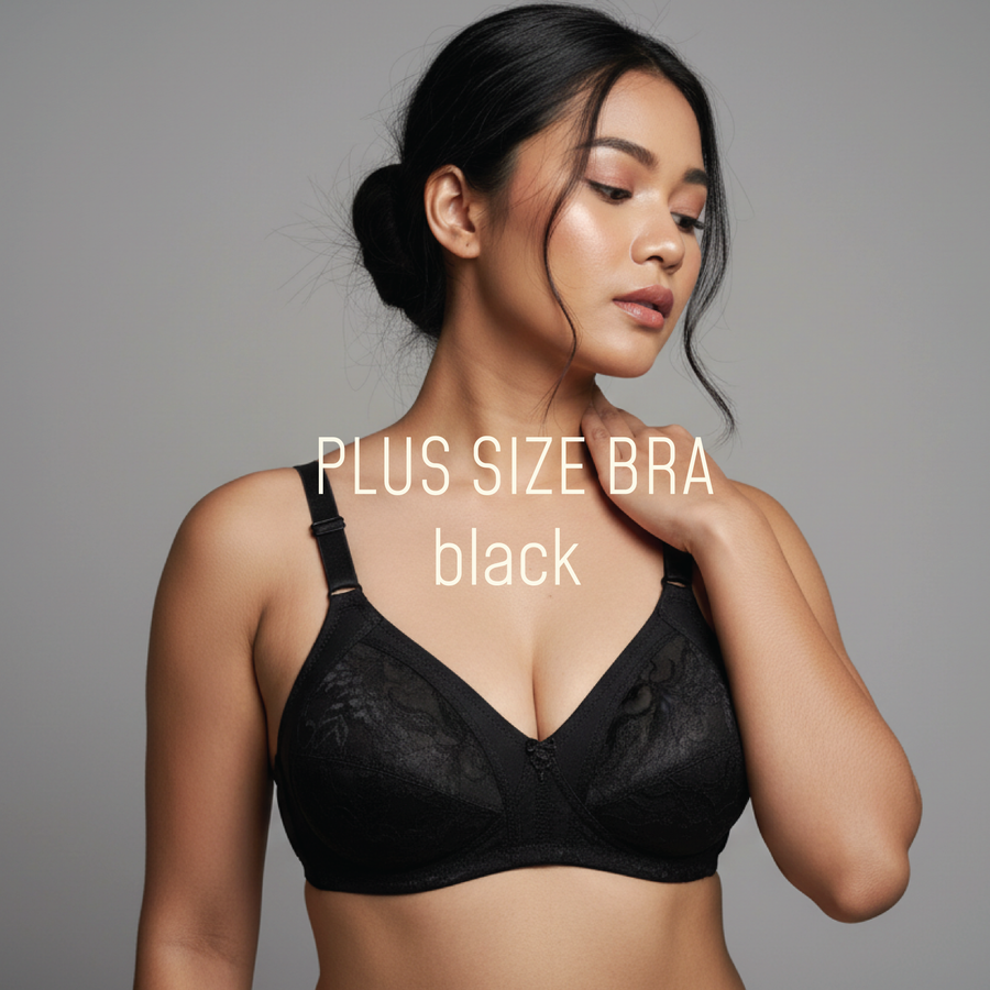 Premium Black Plus Size Bra Women Wireless Full Cup Cotton Bra B/C 34-46 Floral Lace Bra Tanpa Wayar Baju Dalam Wanita Lembut Selesa