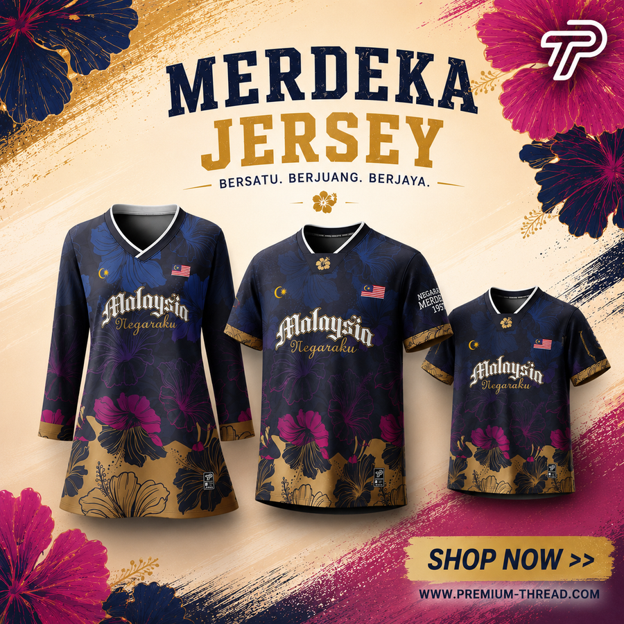 Baju Jersey Family 🇲🇾 Merdeka Malaysia Premium Unisex Microfiber | Jersi Merdeka Muslimah Lengan Panjang | Baju Tema Hari Kebangsaan Jalur Gemilang 024/032