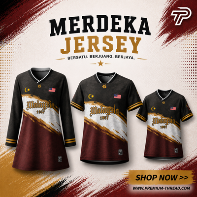 Baju Jersey Family 🇲🇾 Merdeka Malaysia Premium Unisex Microfiber | Jersi Merdeka Muslimah Lengan Panjang | Baju Tema Hari Kebangsaan Jalur Gemilang 023/031
